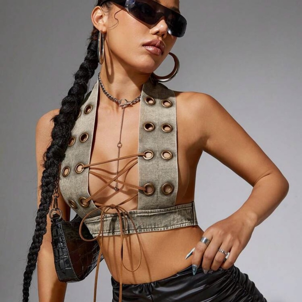 Stylish Khaki Lace-Up Women Top - Picture 3 of 4